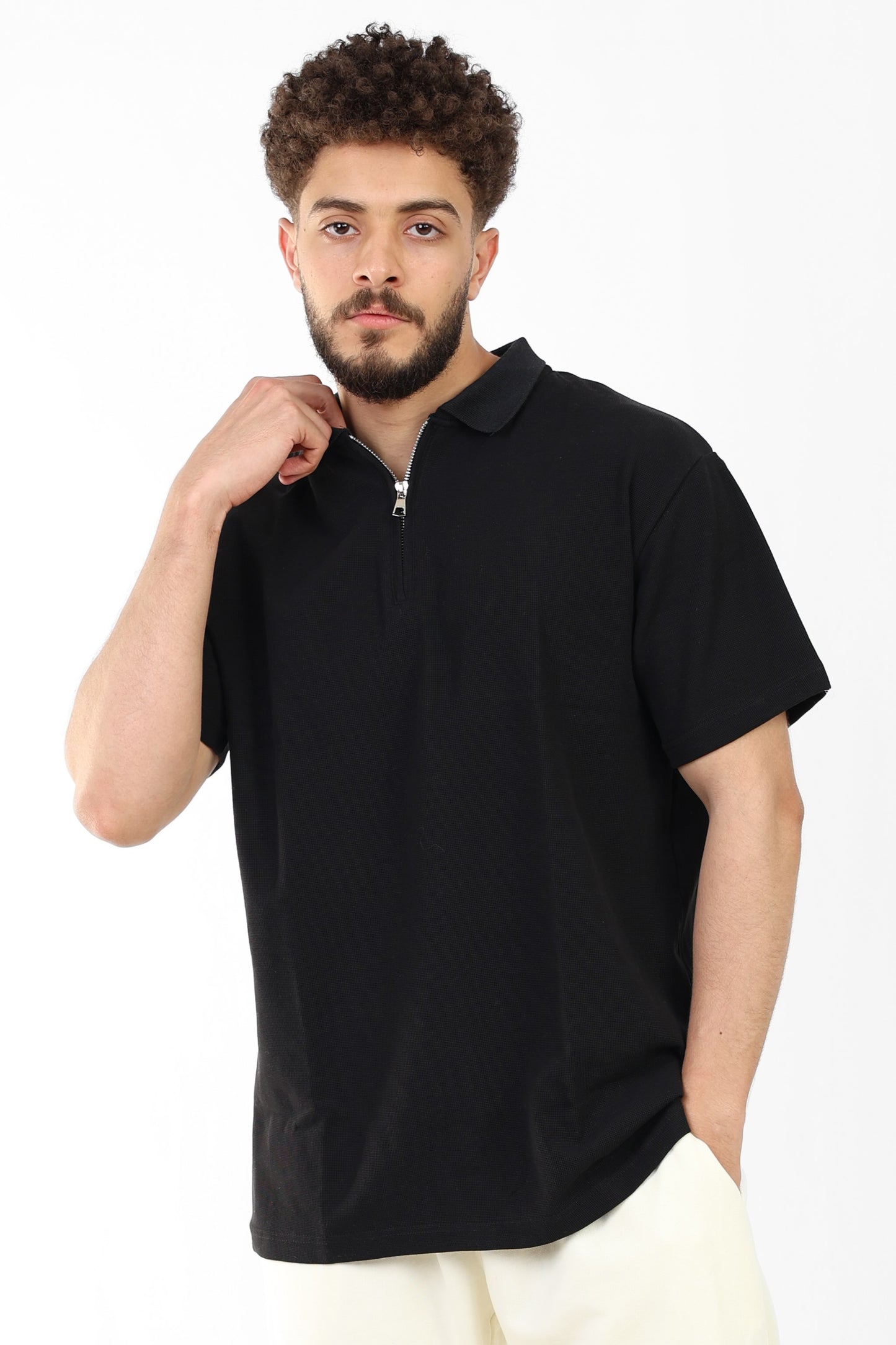 Black Textured Half-Zip Polo Shirt