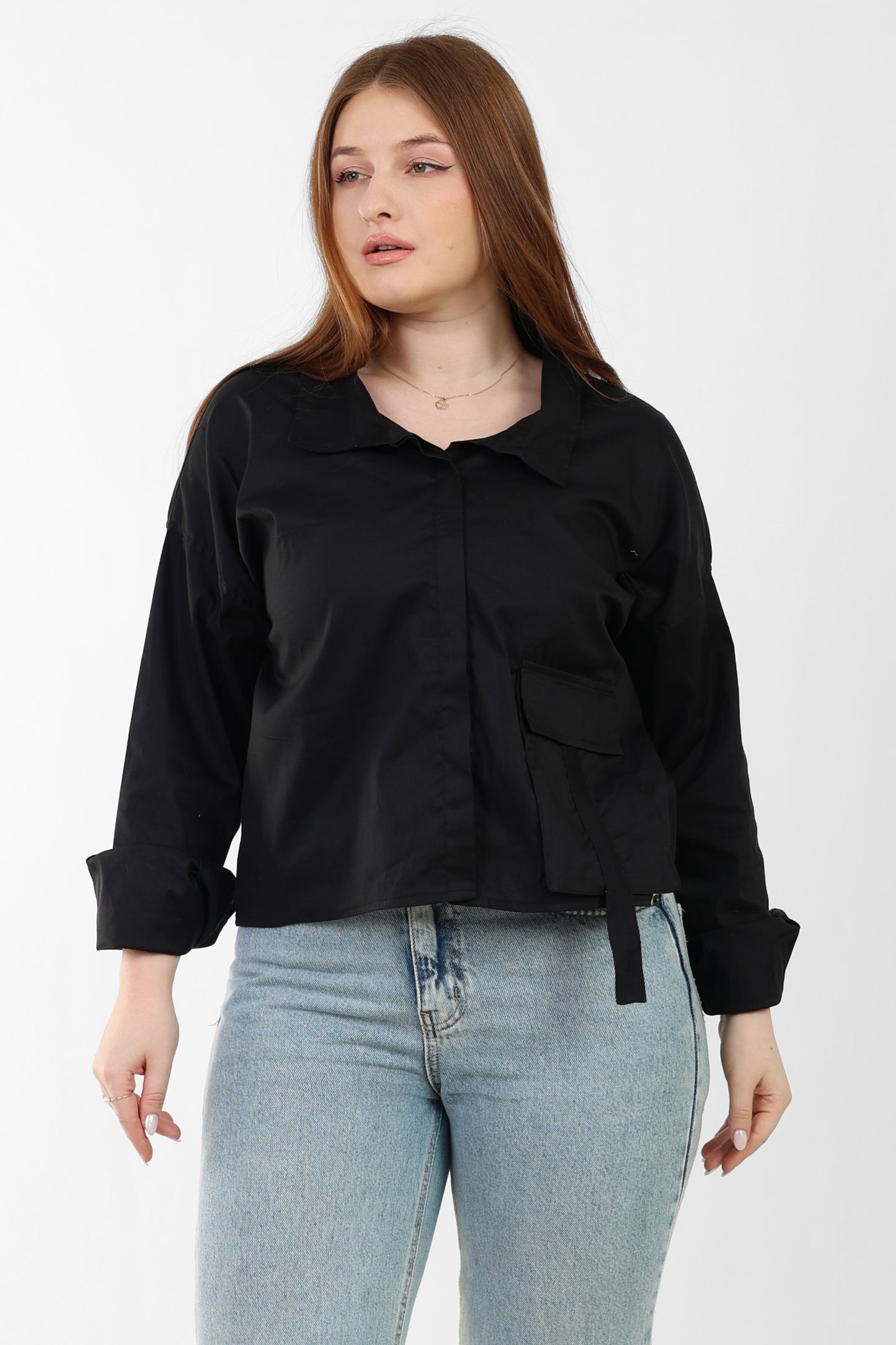 Black Button-up Shirt with front Pocket