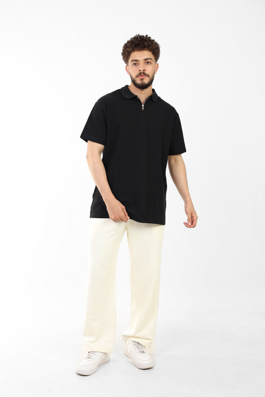 Black Textured Half-Zip Polo Shirt