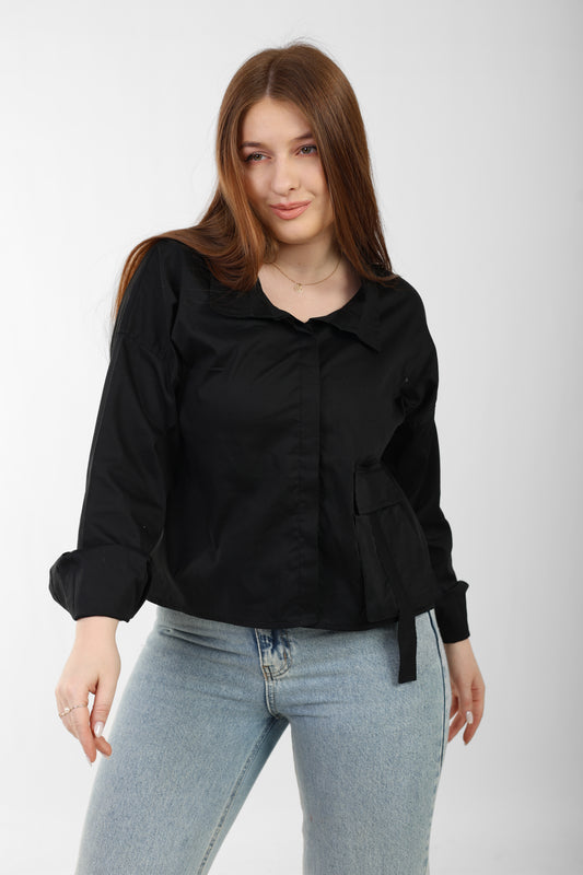 Black Button-up Shirt with front Pocket